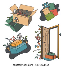 A collection of illustrations about delivery flowers. Boxes with flowers. Contactless delivery of the boxes to the door. Internet purchases. Vector cute illustration isolated on white background.