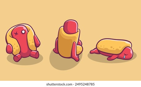 A collection of illustrations about hot dogs losing their spirit because they are not given sauce 