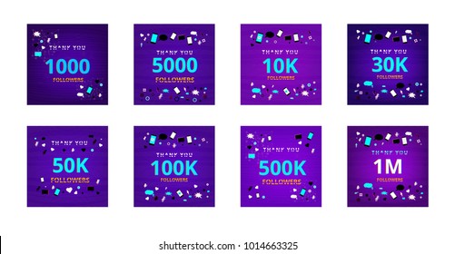 Collection of illustrations about subscribers for social media post. Followers thank you phrases with random items. Chromatic aberration modern style. Banners for blog. Vector illustration.