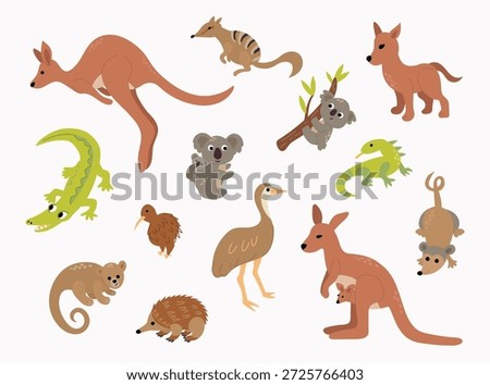 Collection of illustrations of Australian animals. White background, isolated