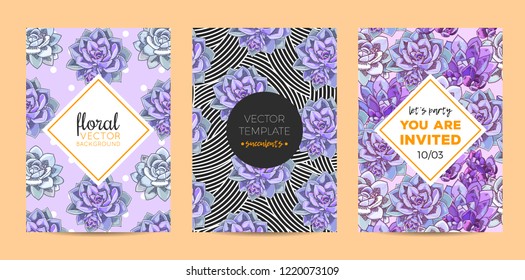 The collection of illustrations with beautiful succulents decoration. Vector floral set. Botanical and abstract geometric background template.