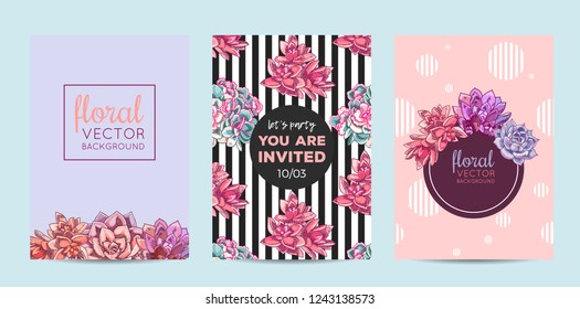 The collection of illustrations with beautiful succulents decoration. Vector floral set. Botanical and abstract geometric background template.