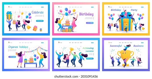 Collection of illustrations for the Birthday celebration. Dancing people celebrating birthdays, men and women at parties, having fun. Christmas trees, toys, gifts. landing page.