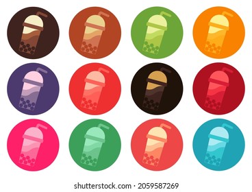 a collection of illustrations of boba drinks with various flavors and color variants, with a modern drink theme