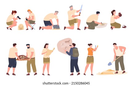 A collection of illustrations by archaeologists excavating artifacts, skeletons of ancient animals, studying rock paintings. Vector illustration on a white background