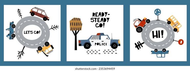 Ilustraciones de colección con coches. Pequeña colección de carteles infantiles con coches, coches de policía y letras en forma de caricatura. Ilustración para el diseño postal, textiles, prendas de vestir. Vector. 