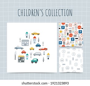 Collection illustrations with cars. Cute set children's seamless patterns with road signs and concept print with automobile for kids room design, Wallpaper, textiles, wrapping paper, apparel. Vector