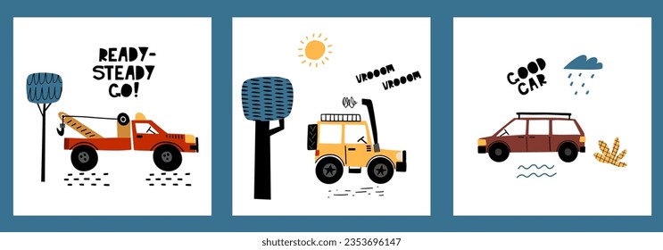 Collection illustrations with cars. Cute set children's poster with car off road, truck, tractor and lettering in cartoon style. Illustration for the design postcard, textiles, apparel. Vector. EPS 10