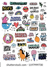 Collection Of Illustrations In Cartoon Style With Lettering And Fun Illustrations - Perfect For Stickers And Patches. Doodle Set Made In Vector.