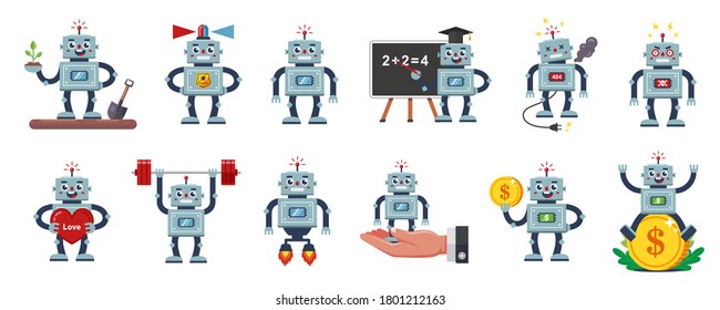 collection of illustrations of a character of a robot of different profession and situation. Hadroid policeman, teacher, businessman, gardener and crazy robot. flat vector image on white background.