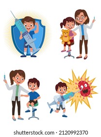 a collection of illustrations of a child vaccinating and the benefits of vaccination for children, one of which is against the virus
