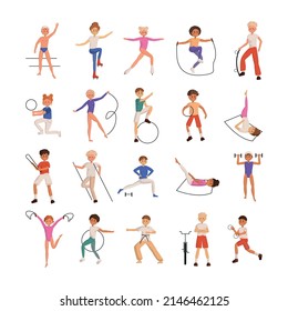Collection of illustrations with children doing different sports.
