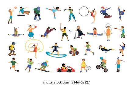 Sammlung von Illustrationen mit Kindern, die verschiedene Sportarten ausüben.