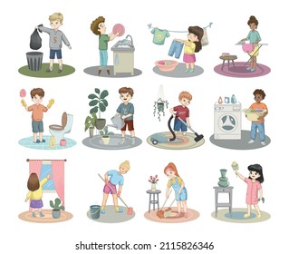Collection of illustrations with children doing household chores. House cleaning.