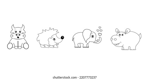 A collection of illustrations for a children's coloring book. Cow, hedgehog, elephant, hippo.