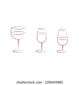 A collection of illustrations of the contours of red glasses. Alcohol.