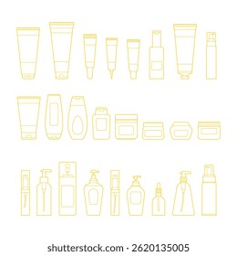 Colección de ilustraciones de envases de cosméticos en estilo de contorno. Tubos, spray, frascos y otros cosméticos de embalaje en estilo simple.