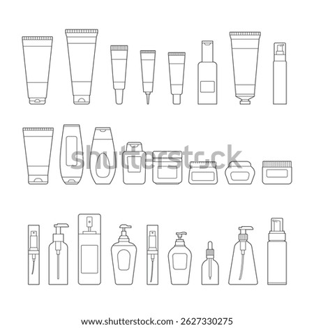 Collection of illustrations of cosmetics packaging in outline style. Tubes, spray, jars and other cosmetics packaging in simple style.