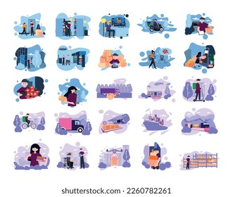 Collection of illustrations with couriers and delivery.