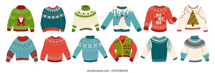 Collection illustrations of cozy sweaters, featuring cute wool pullovers with Norwegian patterns and traditional holiday prints, perfect for comfort and Christmas parties Set of knitted winter jumpers