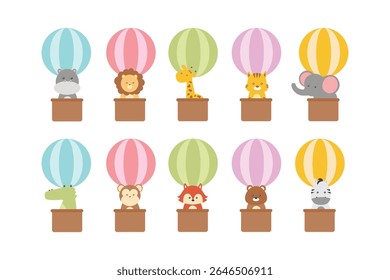 Collection of illustrations of cute animals riding in hot air balloons