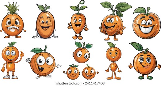 una colección de ilustraciones de naranjas lindas que tienen expresiones faciales