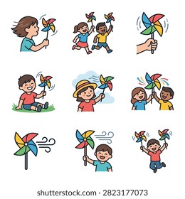 A collection of illustrations depicting children of various ages enjoying themselves while playing with pinwheels in different outdoor settings.