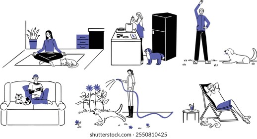 A collection of illustrations depicting daily activities with pets, focusing on wellness, work, relaxation, and companionship.