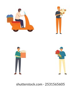 Collection of illustrations depicting delivery men carrying bouquets and gift boxes