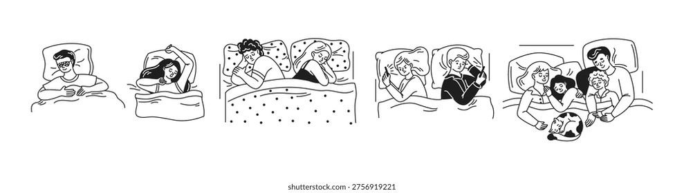 A collection of illustrations depicting different people relaxing and sleeping in bed. Scenes include individuals and families with varying bedtime habits.