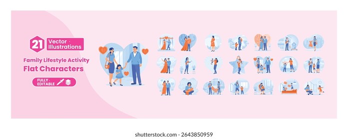 A collection of illustrations depicting family lifestyle activities. Happy families, married, pregnant, taking care of children at home. Mega set.