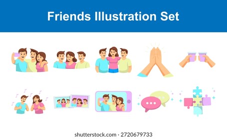 colección de ilustraciones que representan a amigos interactuando, comunicándose a través de la tecnología y celebrando juntos, enfatizando la amistad y la conexión social.