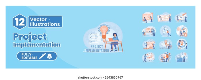 Uma coleção de ilustrações que descrevem a implementação de projetos de negócios. Os funcionários do escritório colaboram, analisam gráficos, trocam ideias e trabalham juntos para melhorar o marketing. Mega set.