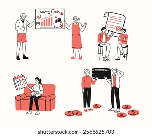 A collection of illustrations depicting individuals and couples planning their New Year resolutions, focusing on health, finance, and personal growth in a playful and interactive style.