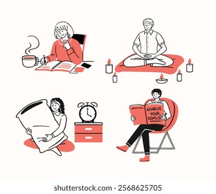 A collection of illustrations depicting individuals and couples planning their New Year resolutions, focusing on health, finance, and personal growth in a playful and interactive style.