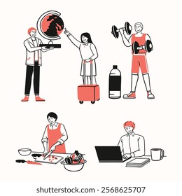 A collection of illustrations depicting individuals and couples planning their New Year resolutions, focusing on health, finance, and personal growth in a playful and interactive style.