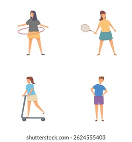 Coleção de ilustrações representando indivíduos envolvidos em vários esportes recreativos e atividades