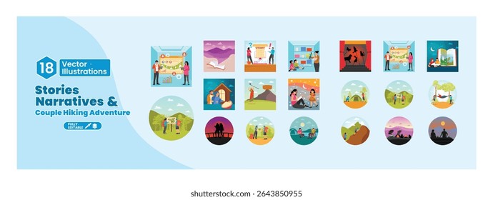 Uma coleção de ilustrações retratando histórias narrativas e as aventuras de caminhadas de um casal. As pessoas leem livros de história e um jovem casal sobe uma montanha. Mega set.