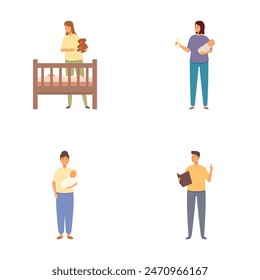 Collection of illustrations depicting parents caring for their infants, engaging in everyday activities