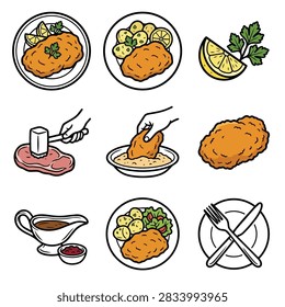 Collection of illustrations depicting the preparation and serving of schnitzel with potatoes and lemon.