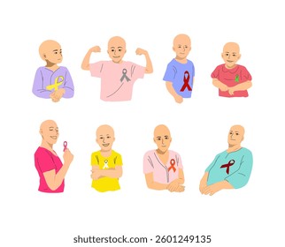 A collection of illustrations depicting strong and resilient cancer patients, for health awareness campaigns, medical support materials, and inspirational projects.