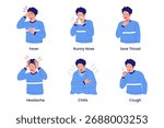 Collection of illustrations depicting symptoms of illness. fever, cough, headache, chills, runny nose, and sore throat for health awareness.