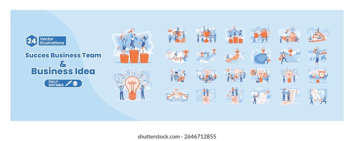 A collection of illustrations depicting teamwork, innovation and success. Entrepreneurs and colleagues working together, developing themselves, ideas and collaborating towards success. Mega set.