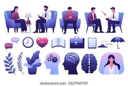 A collection of illustrations depicting therapy sessions, mental health symbols, and related icons. 