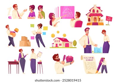 A collection of illustrations depicting various aspects of real estate transactions. 