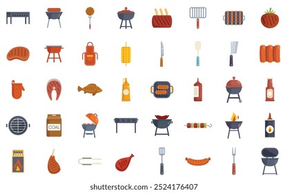 Collection of illustrations depicting various elements associated with barbecue, showcasing grilling equipment, food, and accessories