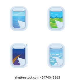 Collection of illustrations depicting various landscapes seen from an airplane's window