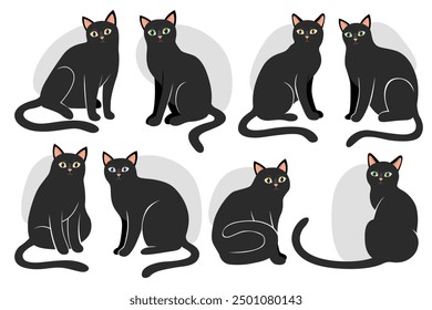 Colección de ilustraciones de diferentes gatos negros. Silueta del gato, gato negro elegante. Gatos de Halloween de bruja negra. Personajes.