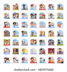 Collection of illustrations with different professional cartoon people