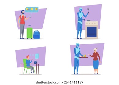 Collection of illustrations displaying how robots assist in daily life. Travel planning, cooking, working from home, and serving food. Integration of technology concept